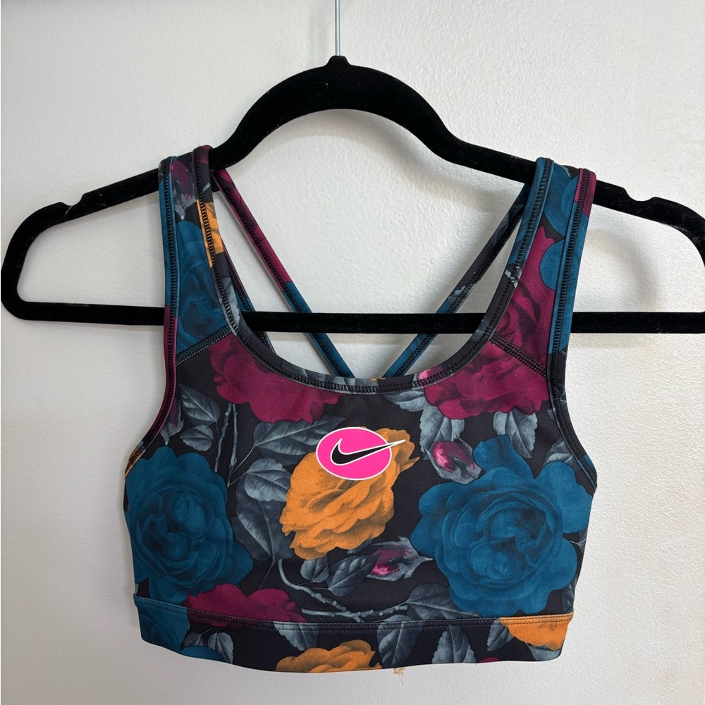 Nike Women's Floral Sports Bra - Blue, Yellow, Burgundy